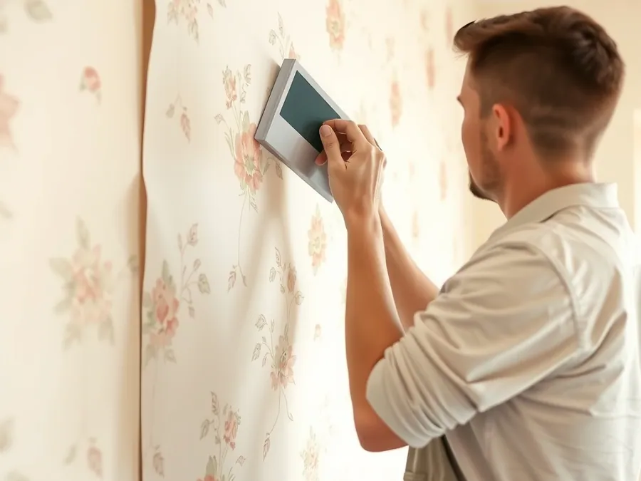 Pose d’un lé de papier peint dans une chambre