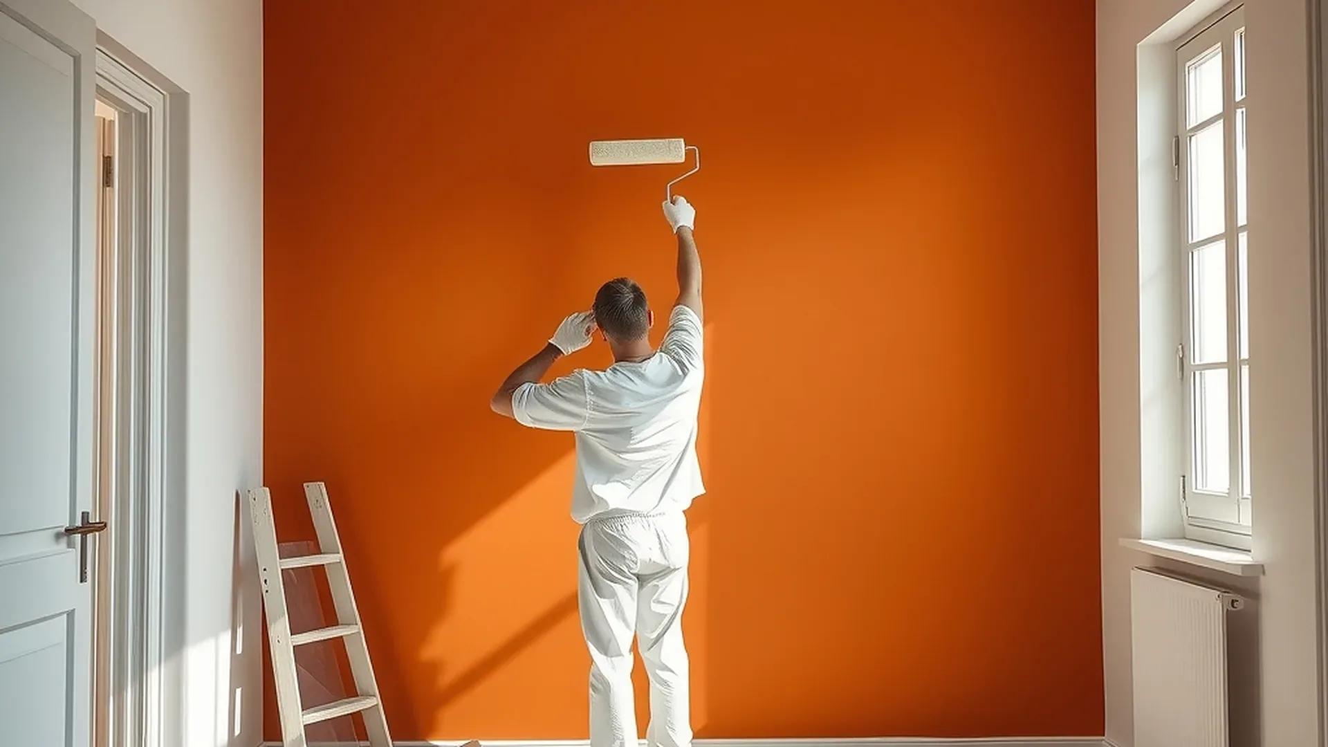 Peintre en bâtiment appliquant une peinture orange au rouleau dans un appartement lumineux à Toulouse